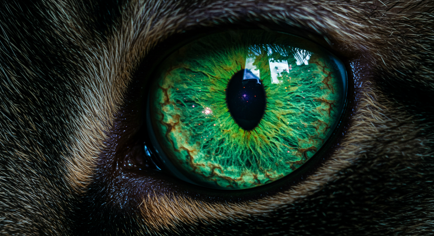 猫の瞳の中に、満天の星空や遠くの銀河が映し出されている神秘的なクローズアップ画像。