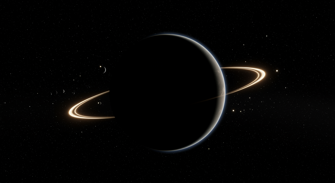 宇宙空間に浮かぶ神秘的な惑星のシルエット。その惑星の周りに、猫の目のような光が描かれている。