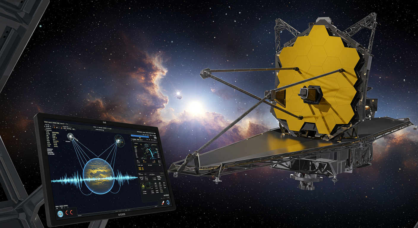 ジェイムズ・ウェッブ宇宙望遠鏡が宇宙空間で系外惑星を観測している様子。画面には、猫の耳のような形をした電波の波形が映し出されている。