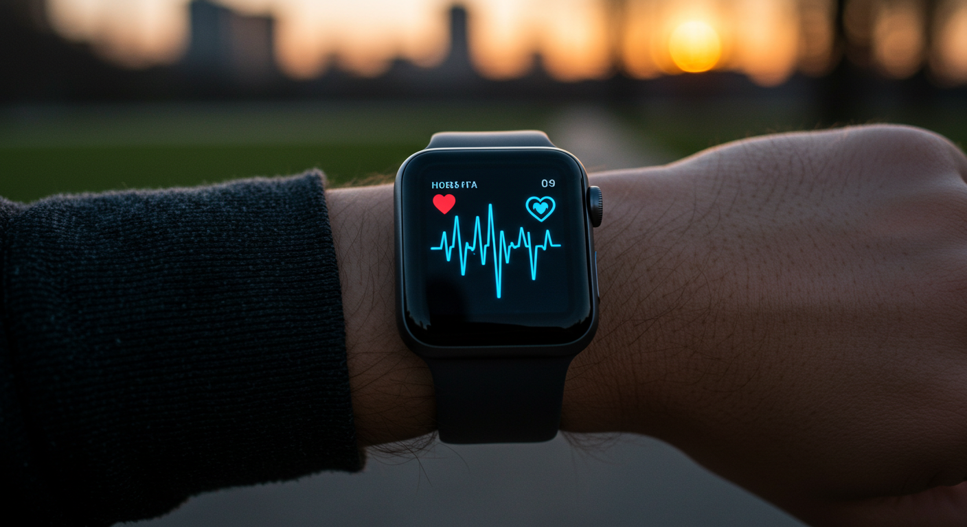 ランニング中にApple Watchの心拍数グラフを見る人の主観ショット