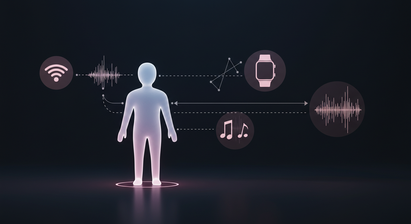 Wi-Fi、Apple Watch、音符が人物を中心に繋がる技術インフォグラフィック