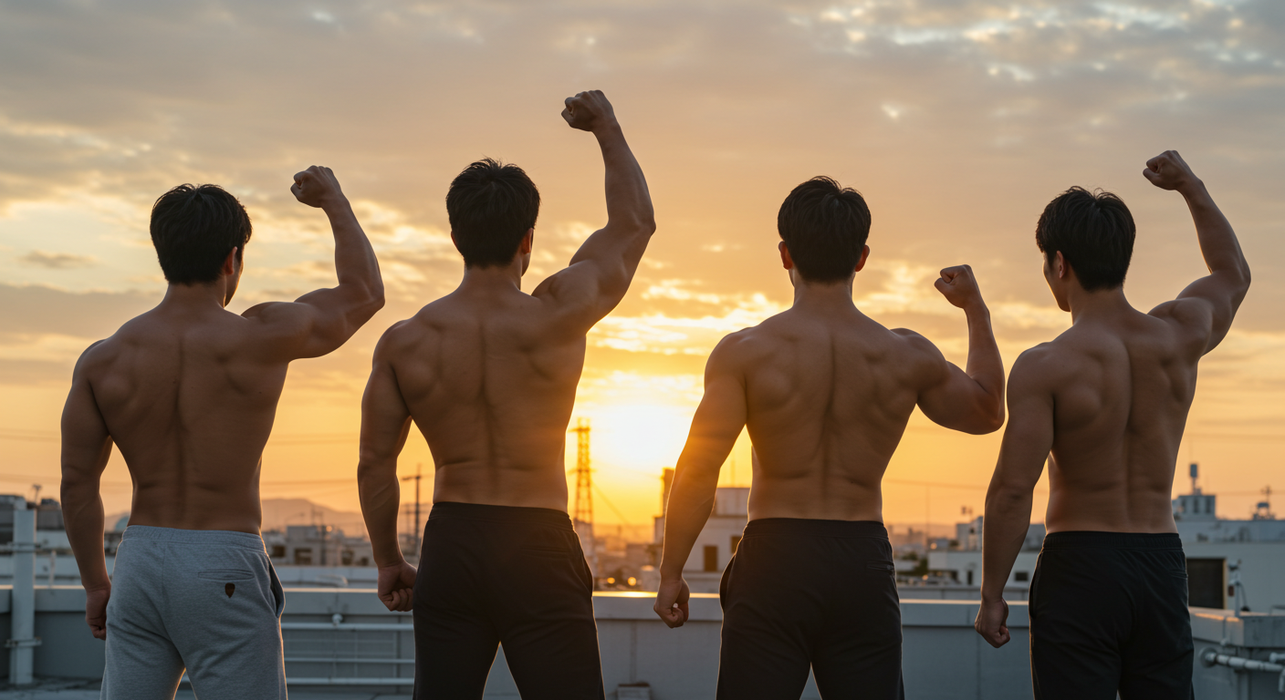 4人が未来を見据え、力強く拳を突き上げるイメージ