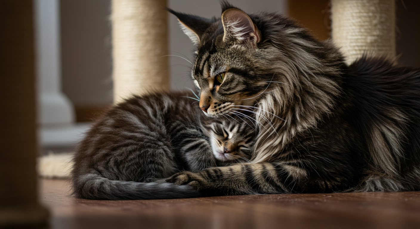 ふわふわな毛並みの子猫と成猫メインクーン